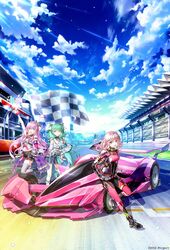  3girls :d bare_shoulders black_footwear black_skirt blue_sky bodysuit boots car checkered_flag cloud commentary_request copyright_notice day detached_sleeves flag fuji_speedway fujima_takuya gloves green_eyes green_hair grey_thighhighs happy helmet highres highspeed_etoile hinata_hikari_(highspeed_etoile) holding holding_helmet key_visual kuzuryuu_akari long_hair long_sleeves looking_at_viewer motor_vehicle multiple_girls official_art outdoors pink_bodysuit pink_car pink_hair pink_headwear pleated_skirt promotional_art puffy_long_sleeves puffy_sleeves race_vehicle racecar racing_suit rindo_rin shirt shoulder_pads skirt sky sleeveless sleeveless_shirt smile sports_car standing standing_on_one_leg thighhighs thighhighs_under_boots vehicle_focus very_long_hair white_shirt white_sleeves wide_shot 