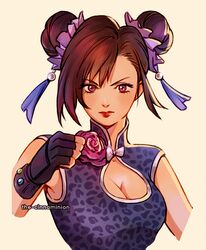  animal_print asymmetrical_bangs breasts brown_hair china_dress chinese_clothes cleavage cleavage_cutout clenched_hand clothing_cutout double_bun dress female fighting_stance final_fantasy final_fantasy_vii final_fantasy_vii_remake fingerless_gloves gloves hair_between_eyes hair_bun hair_ornament high_collar large_breasts leopard_print looking_at_viewer materia official_alternate_costume pink_ribbon red_eyes ribbon sleeveless sleeveless_dress solo tassel tassel_hair_ornament thar_chandran tifa_lockhart tifa_lockhart_(sporty_dress) upper_body 