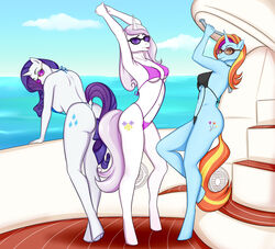  2022 absurd_res anthro anthrofied ass bikini black_bikini black_clothing black_swimwear blue_body breasts clothed clothing cutie_mark digital_drawing_(artwork) digital_media_(artwork) equid equine eyewear female fleur_de_lis_(mlp) friendship_is_magic full-length_portrait group hair hasbro hi_res hooves horn looking_at_viewer mammal multicolored_hair my_little_pony mythological_creature mythological_equine mythology navel orange_hair orange_tail pink_hair pink_tail portrait purple_bikini purple_clothing purple_hair purple_swimwear purple_tail rarity_(mlp) sassy_saddles_(mlp) sea skimpy squishheart sunglasses swimwear tail trio two_tone_tail underhoof unguligrade_anthro unicorn vehicle water watercraft white_body yacht 