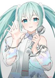  absurdres aqua_eyes aqua_hair azusa_(azunyan12) bare_shoulders commentary detached_sleeves dress female gradient_background grey_necktie grey_sleeves hair_ornament hand_up hatsune_miku hatsune_miku_expo highres holding holding_microphone long_hair looking_at_viewer map_print microphone necktie open_mouth see-through see-through_sleeves shirt shoulder_tattoo silver_dress sleeveless sleeveless_shirt smile solo tattoo twintails upper_body very_long_hair vocaloid waving 