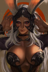  animal_ears body_freckles breasts choker dark-skinned_female dark_skin ears_through_headwear female final_fantasy final_fantasy_xii fran_(ff12) freckles helmet highres large_breasts lips long_hair looking_at_viewer rabbit_ears red_eyes revealing_clothes soffa solo upper_body viera white_hair 