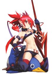  absurdres arm_belt belt black_gloves blush boots breasts choker demon_girl demon_tail demon_wings disgaea disgaea_d2 earrings elbow_gloves elder_spear etna_(disgaea) eyes_visible_through_hair female flat_chest gloves hara_shoutarou highres holding holding_polearm holding_weapon jewelry makai_senki_disgaea navel pointy_ears polearm prinny red_eyes red_hair red_legwear red_wings short_shorts shorts simple_background sitting sitting_on_person skull_earrings small_breasts spear tail thigh_boots thighhighs thighhighs_under_boots twintails weapon white_background white_belt wings 