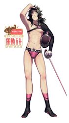  1boy adjusting_hair arknights black_footwear black_hair black_sleeves boots character_name closed_mouth fencing_suit full_body holding holding_sword holding_weapon legs long_hair looking_at_viewer male_focus male_underwear midnight_(arknights) pink_eyes pink_male_underwear pointy_ears simple_background single_sleeve smile solo sword underwear weapon white_background yan_wan 