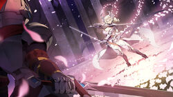  2girls armor breasts cleavage demon_horns dress dual_wielding duel_monster falling_petals full_armor glowing_flower greaves helmet highres holding holding_sword holding_weapon horns knight_(yu-gi-oh!) lady_labrynth_of_the_silver_castle lovely_labrynth_of_the_silver_castle low_wings multiple_girls open_mouth petals plume ro_g_(oowack) sword weapon white_eyes white_hair wings yu-gi-oh! 