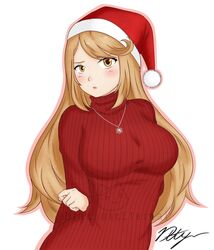  blonde_hair blush breasts christmas draconety female hat highres hikari_(xenoblade_2) jewelry large_breasts long_hair necklace santa_hat signature solo sweater turtleneck turtleneck_sweater very_long_hair watermark xenoblade_(series) xenoblade_2 xenoblade_chronicles_2 yellow_eyes 