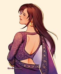  alternate_costume asymmetrical_bangs back back_cutout breasts brown_hair clothing_cutout crescent crescent_earrings dress earrings female final_fantasy final_fantasy_vii final_fantasy_vii_remake indian_clothes jewelry long_hair long_sleeves looking_to_the_side medium_breasts parted_lips purple_dress solo thar_chandran tifa_lockhart upper_body 