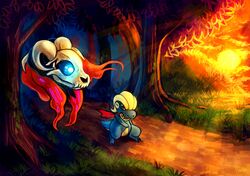  2012 absurd_res ambiguous_gender bagon biped blue_body blue_eyes bone detailed_background digital_media_(artwork) duo duskull generation_3_pokemon glowing glowing_eyes grass green_eyes haychel hi_res nintendo plant pokemon pokemon_(species) skull tree 