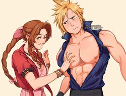  1boy abs aerith_gainsborough anger_vein assertive_female bangle bare_shoulders black_gloves black_pants blonde_hair blue_shirt bracelet braid braided_ponytail breasts brown_hair choker cleavage cloud_strife collarbone cropped_jacket dress female final_fantasy final_fantasy_vii final_fantasy_vii_advent_children final_fantasy_vii_remake gloves green_eyes grin groping hair_ribbon hand_on_another&#039;s_chest high_collar jacket jewelry looking_at_another medium_breasts muscular muscular_male open_clothes open_shirt pants parted_bangs pectorals pink_dress pink_ribbon red_jacket ribbon shirt short_hair short_sleeves sidelocks sleeveless sleeveless_shirt smile spiked_hair squeezing straight sweatdrop thar_chandran upper_body 