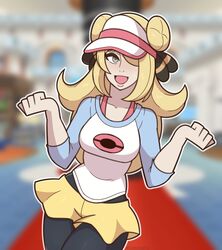  :d black_pantyhose blonde_hair blurry blurry_background bra_strap breasts cianuro cosplay cowboy_shot cynthia_(pokemon) double_bun female grey_eyes hair_bun hair_ornament hair_over_one_eye highres long_hair outline pantyhose pantyhose_under_shorts pokemon pokemon_bw2 pokemon_dppt pokemon_masters_ex raglan_sleeves rosa_(pokemon) rosa_(pokemon)_(cosplay) short_shorts shorts smile solo visor_cap white_outline yellow_shorts 