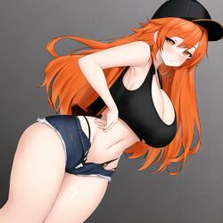  1girls 2023 ai_generated ai_hands anime_nose anime_style big_breasts black_hat breasts denim_shorts hat jean_shorts nhuong258 orange_hair spawner stable_diffusion tank_top thong unbuttoned 