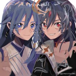  2girls black_gloves black_hair black_jacket blue_eyes blue_hair blue_kimono closed_mouth commentary_request drawn_ears drawn_whiskers dual_persona fingerless_gloves fu_hua fu_hua_(azure_empyrea) fu_hua_(herrscher_of_sentience) fu_hua_(taixuan_impression) gloves hair_between_eyes hand_up highres honkai_(series) honkai_impact_3rd jacket japanese_clothes kimono long_hair looking_at_viewer multiple_girls red_eyes sawada_(yumenosumiko) simple_background twitter_username upper_body white_background 