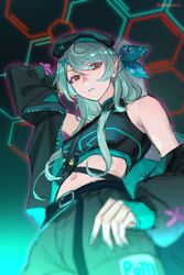  arm_behind_head bare_shoulders belt beret black_belt black_hat black_jacket black_shirt blue_ribbon crop_top female green_nails grey_hair hair_ornament hair_ribbon hat highres jacket long_hair long_sleeves looking_at_viewer nail_polish navel nijisanji nijisanji_en off_shoulder official_alternate_costume official_alternate_hair_color one_side_up open_clothes open_jacket pointy_ears pomu_rainpuff pomu_rainpuff_(3rd_costume) pomudachi_(pomu_rainpuff) red_eyes ribbon shirt sleeveless sleeveless_shirt solo thumb_in_pocket virtual_youtuber x_hair_ornament zekivacc 