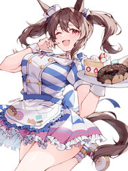  ;d absurdres animal_ears apron back_bow blue_shirt bow breasts brown_hair buttons cake cake_slice colored_skin commentary double-breasted doughnut female food frilled_apron frilled_skirt frills hat highres hishi_akebono_(umamusume) holding holding_tray horse_ears horse_girl horse_tail impossible_clothes impossible_shirt knee_up large_bow large_breasts long_hair looking_at_viewer mihono_bourbon_(umamusume) mini_hat misoni_(mi_so_ni_t) multicolored_skin one_eye_closed open_mouth puffy_short_sleeves puffy_sleeves red_eyes running shirt short_sleeves simple_background skirt smile solo striped_clothes striped_shirt striped_skirt tail tilted_headwear tray twintails two-tone_shirt two-tone_skin umamusume waist_apron waitress white_apron white_background white_footwear white_shirt wrist_cuffs 