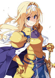  alice_zuberg armor armored_dress blonde_hair blue_cape blue_dress blue_eyes bow braid breastplate cape closed_mouth commentary_request cowboy_shot dress faulds female gauntlets gold_armor hair_intakes hairband hairbow highres holding holding_sword holding_weapon knight long_hair long_sleeves looking_at_viewer osmanthus_blade sheath sheathed shikei shoulder_armor smile solo sword sword_art_online sword_art_online:_alicization very_long_hair weapon white_background white_bow white_hairband 