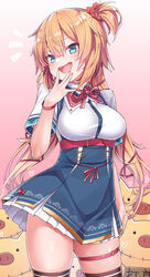  akai_haato black_legwear blonde_hair blue_eyes breasts d: female haaton_(haato_channel) hair_ornament hair_ribbon heart heart_hair_ornament highres hololive konnyaku_(kk-monmon) large_breasts leg_strap long_hair manicure nail_polish open_mouth ribbon school_uniform skindentation skirt virtual_youtuber 