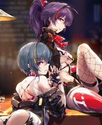  2girls alcohol ass bare_shoulders black_hair black_jacket black_shorts breasts chinese_commentary commentary_request earrings fingerless_gloves fishnet_thighhighs fishnets gloves honkai_(series) honkai_impact_3rd jacket jewelry long_hair long_sleeves mole mole_under_mouth multiple_girls paid_reward_available ponytail purple_eyes purple_hair raiden_mei raiden_mei_(shadow_dash) raven_(honkai_impact) red_eyes red_legwear short_hair shorts single_glove sitting sitting_on_table table thighhighs underboob wine zomzomzomsauce 