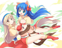  2girls :d animal_ears asymmetrical_docking bikini bikini_top_only blonde_hair blue_hair blush boots bow breast_press breasts brooch brown_capelet brown_gloves capelet cat_brooch cat_ears cleavage commentary_request elbow_gloves emurin flat_chest full_body gloves green_eyes hairbow highres hug jewelry large_breasts leaf_hat_ornament long_hair looking_at_viewer low-tied_long_hair mage_(ragnarok_online) majiko_(emurin) midriff multiple_girls navel open_mouth paw_print_tattoo pelvic_curtain ragnarok_online red_bikini red_bow red_footwear red_skirt showgirl_skirt skirt smile star-shaped_pupils star_(symbol) star_brooch swimsuit symbol-shaped_pupils tam_(ragnarok_online) white_headwear 