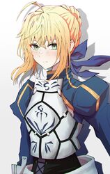  absurdres ahoge armor armored_dress artoria_pendragon_(fate) bad_id bad_twitter_id blonde_hair blue_dress blue_ribbon braid braided_bun breastplate corset dress fate/stay_night fate_(series) female green_eyes hair_bun hair_ribbon highres kekel looking_at_viewer ribbon saber_(fate) shadow solo white_background 