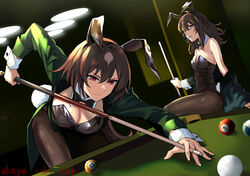  2girls absurdres akaya_shiki animal_ears ball billiard_ball billiards black_bow black_bowtie black_coat black_leotard bow bowtie breasts brown_hair cigarette cleavage coat coattails commentary_request cowboy_shot cue_stick detached_collar double-parted_bangs dutch_angle green_coat highres holding_cue_stick horse_girl large_breasts leotard long_hair mouth_hold multicolored_hair multiple_girls nakayama_festa_(umamusume) pantyhose playboy_bunny playing_games pool_table purple_eyes rabbit_ears rabbit_tail red_eyes sirius_symboli_(umamusume) sitting strapless strapless_leotard table tail tailcoat tailcoat_playboy_bunny umamusume wrist_cuffs 