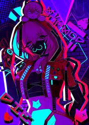  absurdres ace_glitch alternate_costume arm_behind_back black_choker black_mask black_shirt breasts character_name choker crop_top cyberpunk female girls&#039;_frontline gloves grin highres holding_eyeball hood hood_up jacket long_hair long_sleeves looking_at_viewer m4_sopmod_ii_(girls&#039;_frontline) m4_sopmod_ii_jr masked medium_breasts multicolored_clothes multicolored_jacket neon_lights open_clothes open_jacket pink_hair red_eyes red_gloves red_hood red_jacket shirt smile solo standing upper_body yandere 