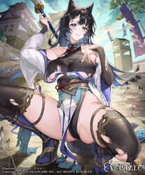  animal_ears artist_name black_hair blue_eyes breasts closed_mouth company_name copyright_name copyright_notice cross-laced_clothes evertale female highres large_breasts leotard long_hair looking_at_viewer official_art outdoors pelvic_curtain rin_(evertale) sage_joh solo squatting thighhighs torn_clothes 