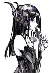  bad_id bad_twitter_id bare_shoulders blush breasts cleavage detached_sleeves female food from_side hands_up highres horns ice_cream ice_cream_spoon licking long_hair looking_at_viewer looking_to_the_side monochrome nail_polish neko_(ganecooo) nightgown original parted_lips purple_eyes purple_nails purple_theme simple_background solo spoon upper_body white_background 