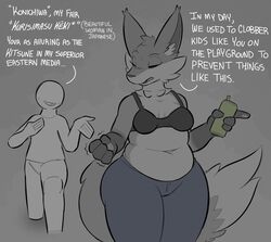  annoyed anon anthro anthro_focus belly belly_rolls beverage beverage_can bottomwear bra canid canine clothing denim denim_bottomwear denim_clothing dialogue digital_media_(artwork) duo ear_tuft facial_tuft female fist flirting fluffy fluffy_tail fox holding_beverage holding_object human humanoid_hands japanese_text jeans male mammal mature_female navel neck_tuft open_mouth otaku overweight overweight_female pants slightly_chubby slightly_chubby_female tail talking_to_another text trisha_fox_(zzx) tuft underwear weeaboo zzx 