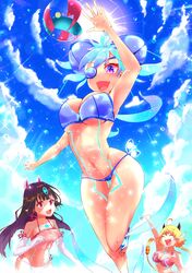  3girls :d absurdres aqua_hair armpits ball beachball black_hair blonde_hair breasts cleavage cloud day feet_out_of_frame from_below glowing_lines highres horns jumping kasandra_(xenoblade) kora_(xenoblade) large_breasts medium_breasts multiple_girls oerba_yun_fang open_mouth outdoors praxis_(xenoblade) purple_eyes risumi_(taka-fallcherryblossom) smile sun thigh_gap underboob upper_body xenoblade_chronicles_(series) xenoblade_chronicles_2 