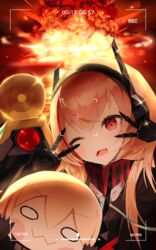  2girls absurdres banana_(girls&#039;_frontline) blonde_hair commentary_request double_v explosion fangs girls&#039;_frontline headgear highres korean_commentary m4_sopmod_ii_(girls&#039;_frontline) m4_sopmod_ii_jr multicolored_hair multiple_girls mushroom_cloud nerkia non-humanoid_robot nuclear_explosion one_eye_closed open_mouth red_eyes red_hair robot streaked_hair v 