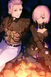  1boy armor armored_leotard belt belt_buckle black_armor black_belt black_gloves black_jacket black_leotard breastplate breasts buckle cleavage commentary_request cropped_jacket crossed_legs echo_(circa) fate/grand_order fate_(series) female gauntlets gloves green_eyes hair_over_one_eye jacket large_breasts leotard lips lipstick looking_at_another makeup mash_kyrielight mash_kyrielight_(ortenaus) medium_breasts one_eye_covered open_mouth pants parted_lips pink_hair pink_lips purple_eyes scandinavia_peperoncino short_hair sitting translation_request white_pants 