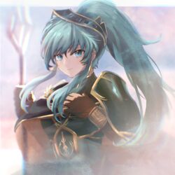  alternate_hairstyle aqua_eyes aqua_hair armor bracelet breastplate cape commentary cosplay earrings eirika_(fire_emblem) eirika_(pledged_restorer)_(fire_emblem) elbow_gloves ephraim_(fire_emblem) ephraim_(fire_emblem)_(cosplay) feh_xeri female fire_emblem fire_emblem:_the_sacred_stones fire_emblem_heroes gloves hair_ornament highres holding holding_weapon jewelry long_hair looking_at_viewer official_alternate_costume polearm ponytail shoulder_armor sidelocks smile solo spear upper_body weapon 