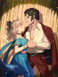  1boy absurdres ahoge belt blonde_hair blue_dress choker curtains dancing dress fate/grand_order fate_(series) female formal highres hijikata_toshizou_(fate) jewelry joodaru medium_hair necklace okita_souji_(fate) pants shinsengumi short_hair twitter_username 