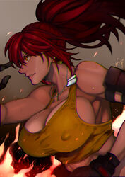  bare_shoulders breasts covered_nipples crop_top dark_persona earrings female jewelry large_breasts leona_heidern orochi_leona ponytail red_hair sleeveless solo tank_top the_king_of_fighters the_king_of_fighters_xv toned triangle_earrings yasunososaku yellow_eyes yellow_tank_top 