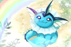  :3 artist_name artsy-theo day fins looking_at_viewer looking_up no_humans parody plant pokemon pokemon_(creature) rainbow sitting solo vaporeon 