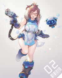  absurdres adapted_costume bad_id bad_twitter_id bare_arms black-framed_eyewear blue_gloves boots breasts brown_hair commentary dress english_commentary female fur_trim glasses gloves gun handgun highres large_breasts lino_chang looking_at_viewer mei_(overwatch) open_mouth orange_eyes overwatch overwatch_2 pelvic_curtain ponytail short_dress simple_background sleeveless sleeveless_dress snowflakes solo standing standing_on_one_leg teeth thighs upper_teeth_only weapon 