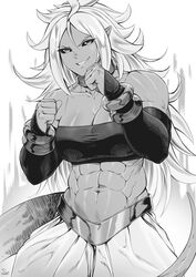  1girls abs absurd_res android_21 android_21_(evil) arabian_clothes athletic_female belly_button big_breasts black_sclera dragon_ball dragon_ball_fighterz harem_outfit hi_res jewelry majin_android_21 muscular_arms muscular_female navel posing posing_for_the_viewer signature six_pack smile smiling_at_viewer solo solo_female speedl00ver spiked_hair spiky_hair tail white_background white_hair 