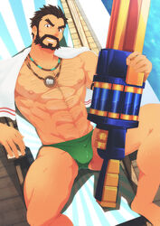  1boy abs bara beard bulge bulge_through_clothing chest chest_hair chest_tuft dark_hair facial_hair graves_(league_of_legends) holding holding_object laying_down league_of_legends looking_at_viewer male male_only muscular muscular_legs muscular_male pool_party_graves pool_party_series solo solo_focus solo_male speedo 