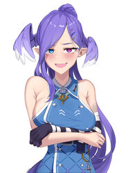  ameiarts big_breasts blush blushing_at_viewer clothed dragon_girl eyes_open heterochromia looking_at_viewer nijisanji nijisanji_en ponytail purple_hair selen_tatsuki shy sideboob virtual_youtuber 