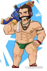  1boy abs bara beard brown_eyes brown_hair bulge bulge_through_clothing chest chest_hair chest_tuft cigarette dark_hair dilf facial_hair glensaru graves_(league_of_legends) holding holding_object league_of_legends looking_at_viewer male male_only muscular muscular_legs muscular_male pool_party_graves pool_party_series solo solo_focus solo_male speedo standing 