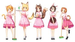  5girls absurdres animal_ears apron black_footwear blonde_hair bow bowtie broom brown_eyes brown_hair cat_ears cat_tail checkered_apron checkered_bow checkered_clothes cup dog_ears dog_tail drinking_glass flower gesture go-1 green_eyes hair_flower hair_ornament hairbow hairclip hand_on_own_hip head_tilt high-waist_skirt highres holding holding_broom holding_tray idolmaster idolmaster_cinderella_girls kemonomimi_mode leg_up long_hair looking_at_viewer looking_back mary_janes medium_hair messy_hair multiple_girls orange_hair pink_apron pink_bow pink_bowtie pink_skirt puffy_short_sleeves puffy_sleeves rabbit_ears rabbit_hair_ornament rabbit_tail ryuzaki_kaoru sakurai_momoka sasaki_chie shirt shoes short_hair short_ponytail short_sleeves sidelocks simple_background skirt socks standing standing_on_one_leg suspender_skirt suspenders swept_bangs tachibana_arisu tail tray waitress white_background white_shirt white_socks yellow_eyes yuuki_haru 