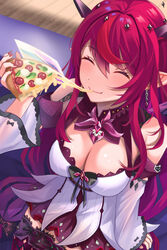  bare_shoulders breasts cheese_trail cleavage crystal_wings detached_sleeves detached_wings dress earrings eating female food from_above halo highres holding holding_food holding_pizza hololive hololive_english horns irys_(hololive) irys_(irys_2.0)_(hololive) jewelry large_breasts long_hair long_sleeves multicolored_hair pizza pizza_slice pointy_ears purple_hair purple_nails purple_skirt red_hair sitting skirt smile solo star_halo streaked_hair thighhighs very_long_hair virtual_youtuber white_dress wings zacky zettai_ryouiki 