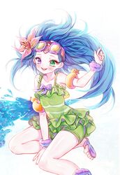  :d bad_id bad_pixiv_id bare_shoulders blue_eyes blue_hair blush collarbone female flower goggles goggles_on_head green_eyes green_one-piece_swimsuit grey_background hair_flower hair_ornament heterochromia highres layered_swimsuit league_of_legends long_hair one-piece_swimsuit pool_party_zoe sandals scrunchie shito_neko_(zitonger) simple_background smile solo swimsuit teeth tongue upper_teeth_only wrist_scrunchie zoe_(league_of_legends) 