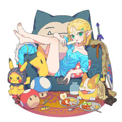  1-up_mushroom :3 alternate_costume apple apple_slice armchair bare_shoulders barefoot black_cloak blonde_hair blue_shirt blush bottle braid breasts canine chair cleavage cloak closed_mouth collarbone commentary controller crossover crown_braid english_commentary eyelashes feet female food forehead fruit game_controller green_eyes hair_ornament hairclip highres holding holding_controller holding_food holding_game_controller hood hood_up hooded_cloak hylian_shield joy-con licking looking_at_viewer mario_(series) master_sword medium_breasts milk milk_bottle mini_mushroom nintendo_switch_pro_controller off_shoulder open_mouth parted_bangs pikachu pillow plate pointy_ears poke_ball poke_ball_(basic) poke_ball_plus pokemon pokemon_(creature) popsicle princess_zelda rug rutiwa shield shirt short_hair short_sleeves sidelocks simple_background sitting smile snorlax spoon stuffed_toy super_mushroom super_star_(mario) sword the_legend_of_zelda the_legend_of_zelda:_breath_of_the_wild the_legend_of_zelda:_tears_of_the_kingdom toes tongue tongue_out weapon white_background yamper 