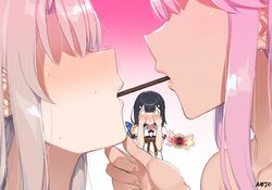  3girls 9nojo absurdres bare_shoulders black_hair blush bow brown_bow chloe_von_einzbern covering_own_eyes fate/kaleid_liner_prisma_illya fate_(series) food food_in_mouth grabbing_another&#039;s_chin gradient_background hair_ornament hair_over_eyes hairclip hand_on_another&#039;s_chin highres illyasviel_von_einzbern long_hair looking_at_another magical_ruby magical_sapphire miyu_edelfelt mouth_hold multiple_girls no_pupils nose_blush open_mouth peeking_through_fingers pink_hair pink_lips pocky pocky_day pocky_kiss shared_food shirt sidelocks sweat trembling white_hair white_shirt yuri 