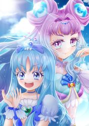  2girls :d arm_up artist_name beads blue_bow blue_choker blue_eyes blue_hair blue_nails blush bow brooch choker closed_mouth cure_la_mer cure_marine day dress eyelash_ornament flower_hands_(precure) glint gradient_eyes gradient_hair hands_up heart heart_brooch heartcatch_precure! highres in-franchise_crossover jewelry kurumi_erika laura_la_mer lens_flare long_eyelashes long_hair looking_at_viewer magical_girl multicolored_eyes multicolored_hair multiple_girls mymo0527 navel open_mouth outdoors pearl_hair_ornament pink_eyes pink_hair precure puffy_short_sleeves puffy_sleeves red_bow ribbon_choker round_teeth shell_brooch short_sleeves smile teeth tropical-rouge!_precure two_side_up upper_body wavy_hair 