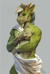  2021 absurd_res anthro athletic athletic_anthro athletic_male black_sclera blue_hair cheek_tuft colored dated dragon facial_hair facial_tuft famir_(artist) famir_(character) front_view fur furred_dragon furred_scalie glistening glistening_eyes goatee green_body green_ears green_fur grey_background hair hi_res horn looking_at_viewer male mouth_closed mythological_creature mythological_scalie mythology navel nipples one_eye_closed portrait red_nipples scalie short_hair signature simple_background solo standing three-quarter_portrait tuft white_hair yellow_eyes yellow_horn 