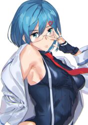  ashiomi_masato black_gloves blue_hair breasts closed_mouth dead_or_alive dead_or_alive_6 female fingerless_gloves glasses gloves green_eyes hair_ornament leotard looking_at_viewer necktie nico_(doa) short_hair simple_background solo thumb_ring white_background 