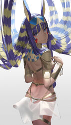  animal_ears armlet armor ass back blazpu blonde_hair bracelet bracer breasts dark-skinned_female dark_skin earrings egyptian egyptian_clothes facepaint facial_mark fate/grand_order fate_(series) female floating_hair hair_floating_upwards hairband highres hoop_earrings jackal_ears jewelry long_hair looking_at_viewer looking_back medium_breasts multicolored_hair nitocris_(fate) pauldrons purple_eyes purple_hair shoulder_armor sidelocks smile solo thighlet two-tone_hair usekh_collar very_long_hair 