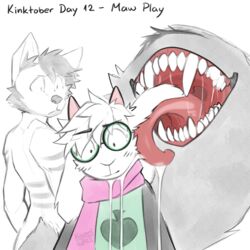  1:1 absurd_res ambiguous_gender ammut_(vaughan) anthro bodily_fluids bovid caprine deltarune drooling duo eyewear felid feline glasses goat group hi_res kapri licking living_tail male male/male mammal mawplay monochrome monster open_mouth ralsei saliva tail tail_mouth teeth tongue tongue_out trio undertale_(series) unusual_anatomy unusual_tail vaughan_vic 