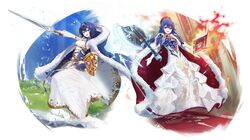  2girls absurdres armads_(fire_emblem) binding_shield blue_cape blue_eyes blue_hair book cape commission falchion_(fire_emblem) fire fire_emblem fire_emblem:_the_binding_blade fire_emblem_awakening fire_emblem_cipher highres kimi_(hearty_yuuki) lilina_(fire_emblem) looking_at_viewer morgan_(female)_(fire_emblem) morgan_(fire_emblem) multiple_girls red_cape shield smile 